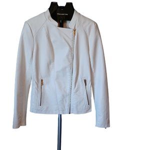 Calvin Klein Attractive White faux Leather gold Zip dress up or down Jacket sz M